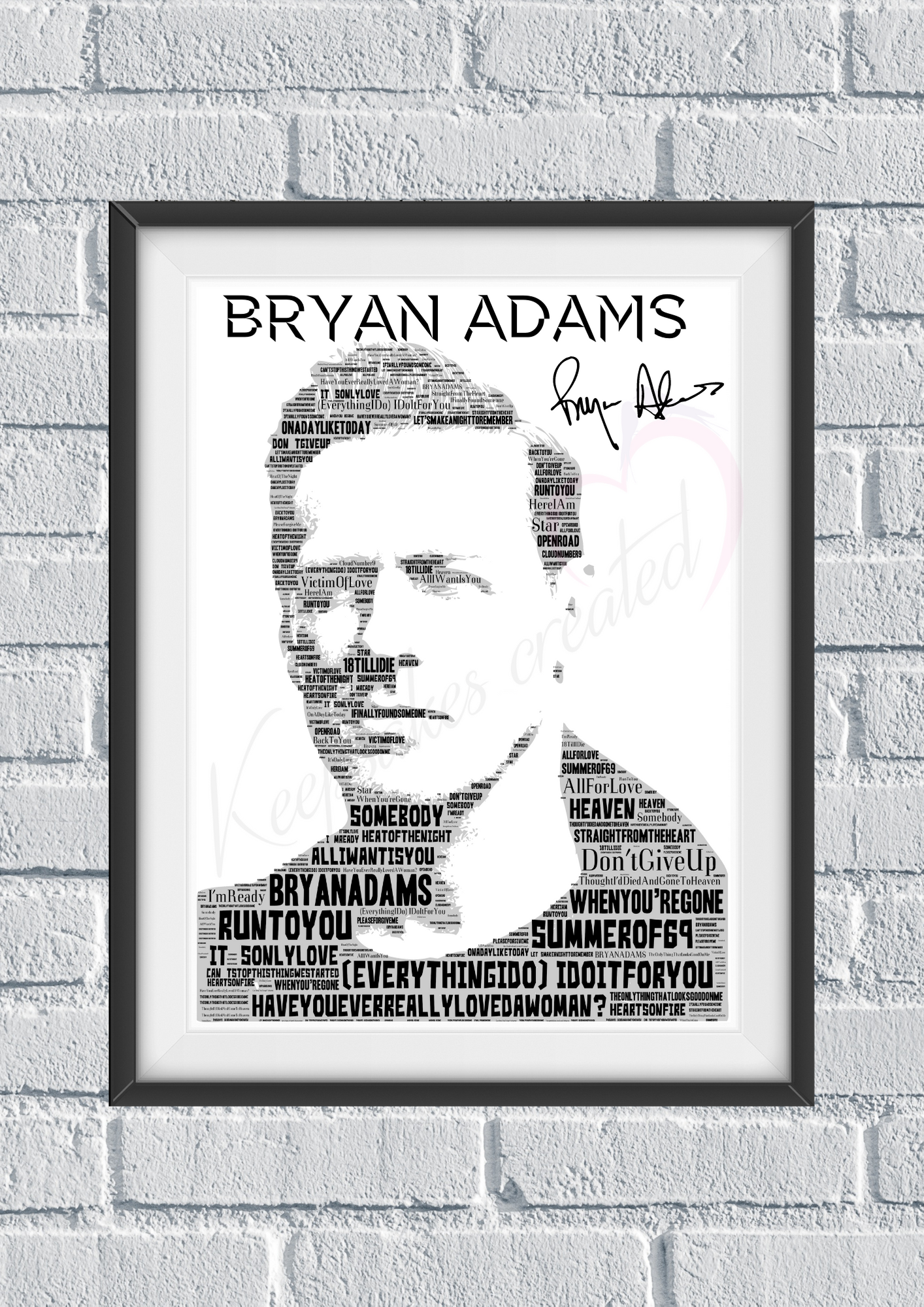 Bryan Adams - Typography Portrait in songs / Lyrics Memorabilia/collectable/Print