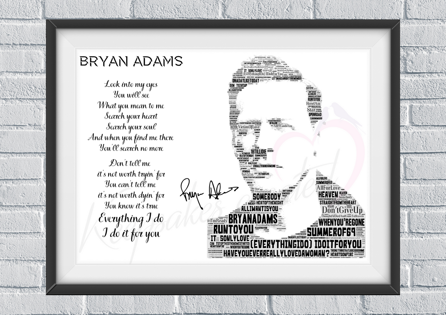 Bryan Adams - Typography Portrait in songs / Lyrics Memorabilia/collectable/Print