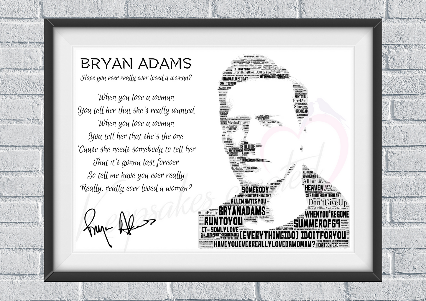Bryan Adams - Typography Portrait in songs / Lyrics Memorabilia/collectable/Print