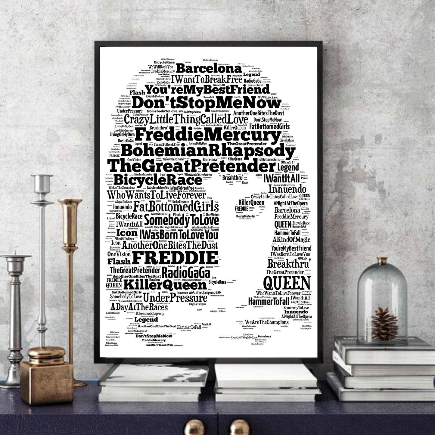 Freddie Mercury Queen v1 Typography Portrait in songs print