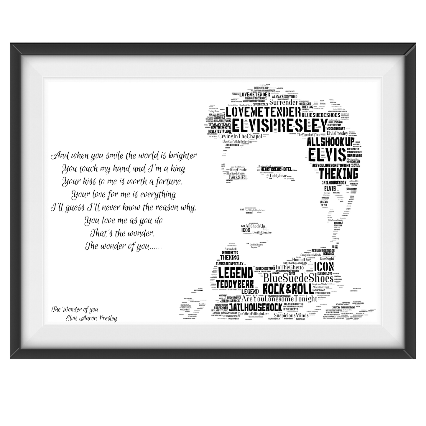 Elvis Presley The King v2 / Typography Portrait in songs & lyrics print