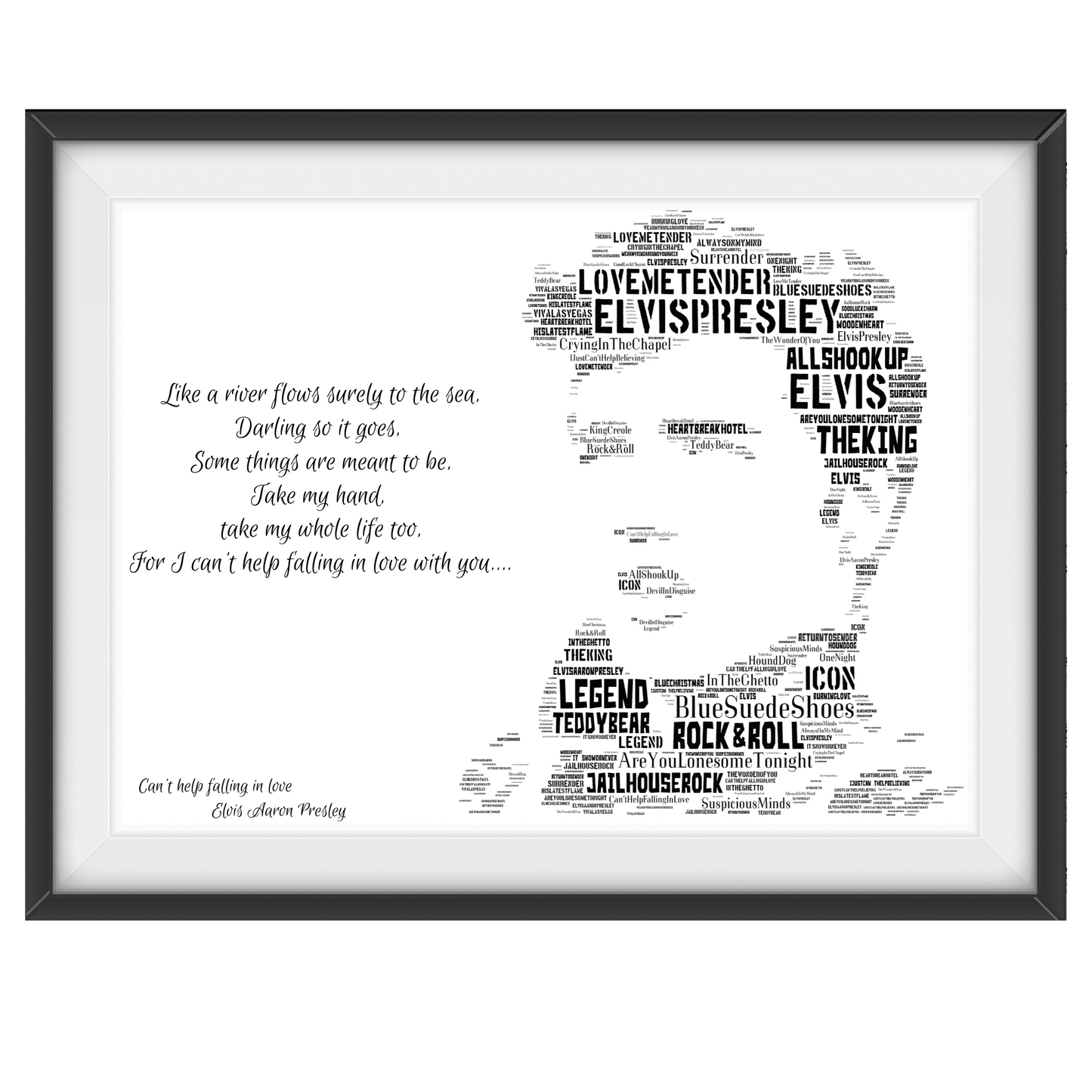 Elvis Presley The King v2 / Typography Portrait in songs & lyrics print