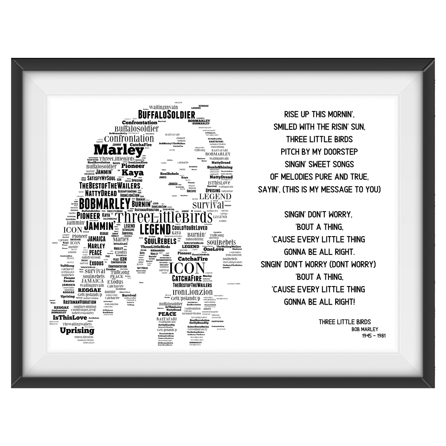 Bob Marley 3 Little Birds Typography Portrait in songs print
