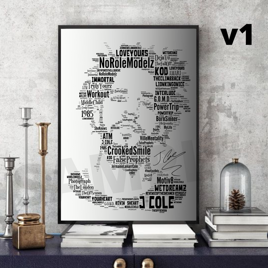J Cole Hip Hop - Typography Portrait in songs print